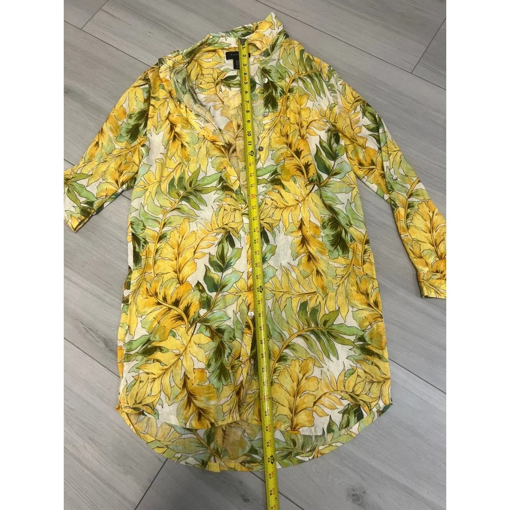 Tahari Linen Long Sleeve Shirt Dress Sz M Tropical‎ Print Coastal Boho Vacation